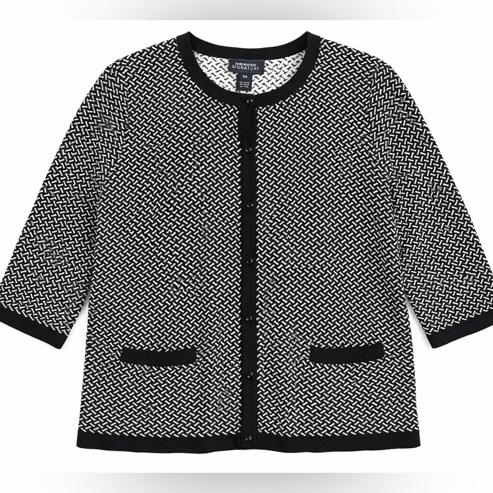 Jones New York Signature Black & White Patterned 3/4 Sleeve Cardigan – 2X – EUC
